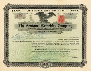 Sentanel Remedies Co. - Stock Certificate