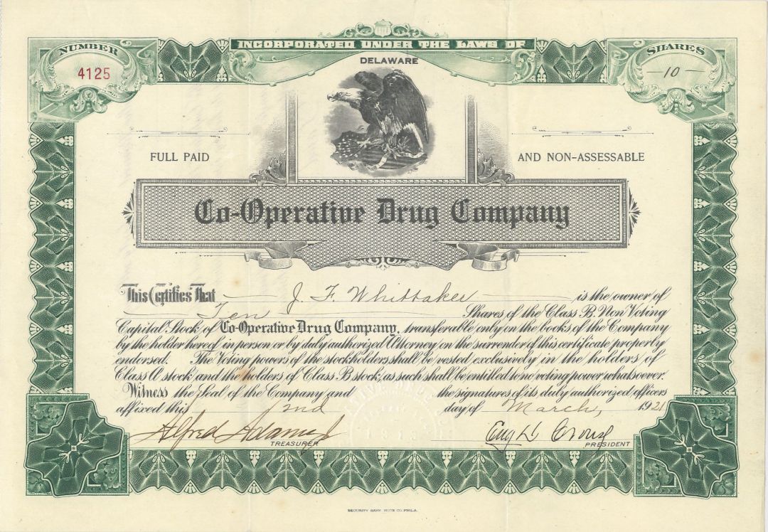 Co-Operative Drug Co. - 1921 dated Pharmaceutical Stock Certificate