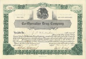 Co-Operative Drug Co. - 1921 dated Pharmaceutical Stock Certificate