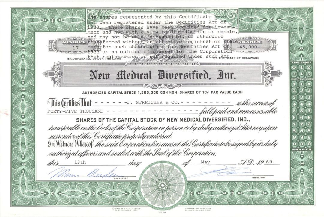 New Medical Diversified, Inc. - Stock Certificate