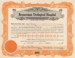 Bremerman Urological Hospital  - 1920 dated Stock Certificate