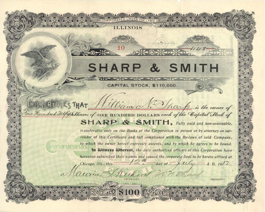 Sharp and Smith  - 1912, 1913 or 1930 dated Stock Certificate