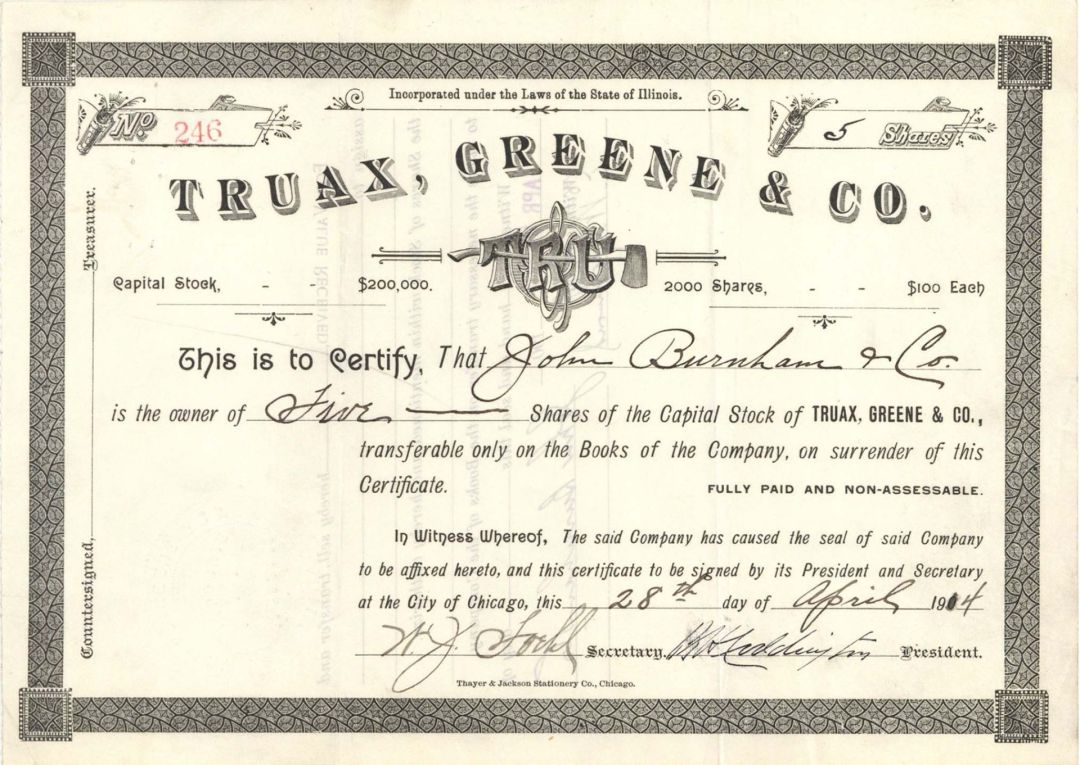 Truax, Greene and Co.  - 1914 dated Stock Certificate