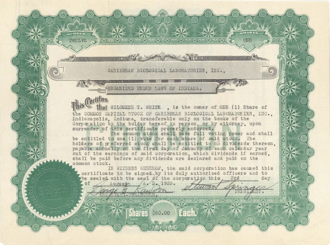 Caribbean Biological Laboratories, Inc. -  1933 dated Stock Certificate