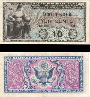 10 Cents Military Payment Certificate - Series 481 - MPC Currency