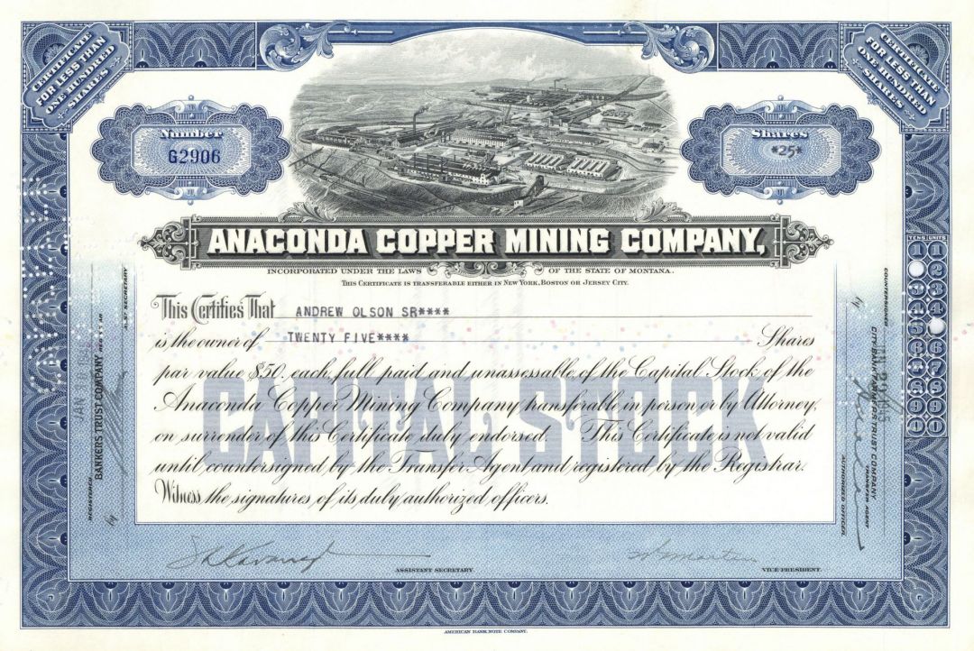 Anaconda Copper Mining - 1920's-50's dated Montana Mining Stock Certificate - Available in Blue, Brown or Green