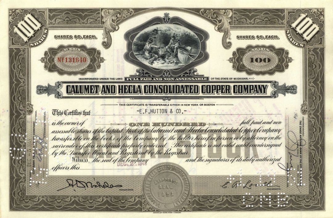 Calumet and Hecla Consolidated Copper Co. - 1930's-50's dated Indian Vignette Mining Stock Certificate