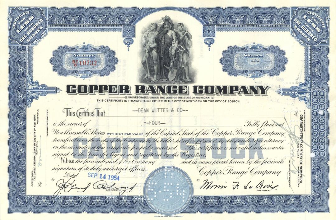 Copper Range Co. - 1960's dated Michigan Mining Stock Certificate