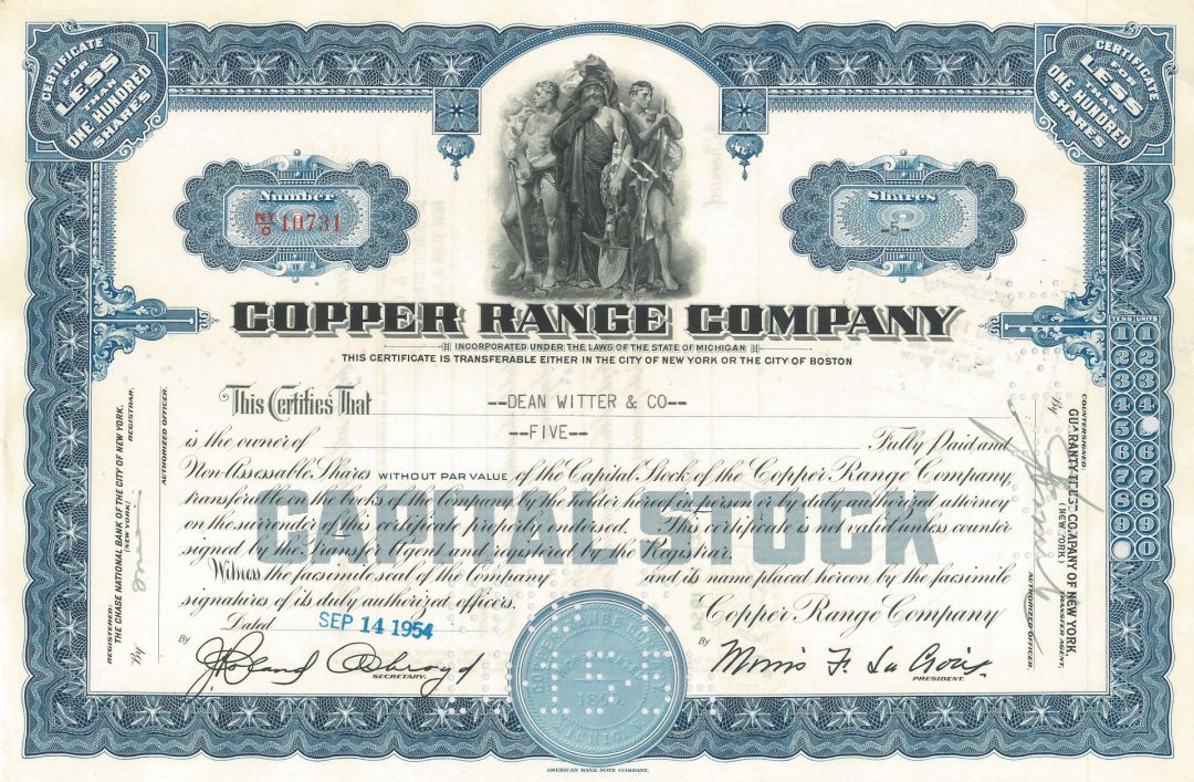 Copper Range Co. - 1960's dated Michigan Mining Stock Certificate