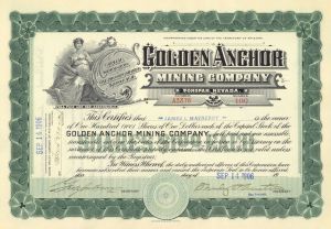 Golden Anchor Mining Co. - Tonopah, Nevada - 1905-09 dated Nevada Mining Stock Certificate