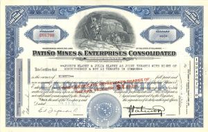 Patino Mines and Enterprises Consolidated Inc. - 1950's dated Famous Tin Mining Stock Certificate