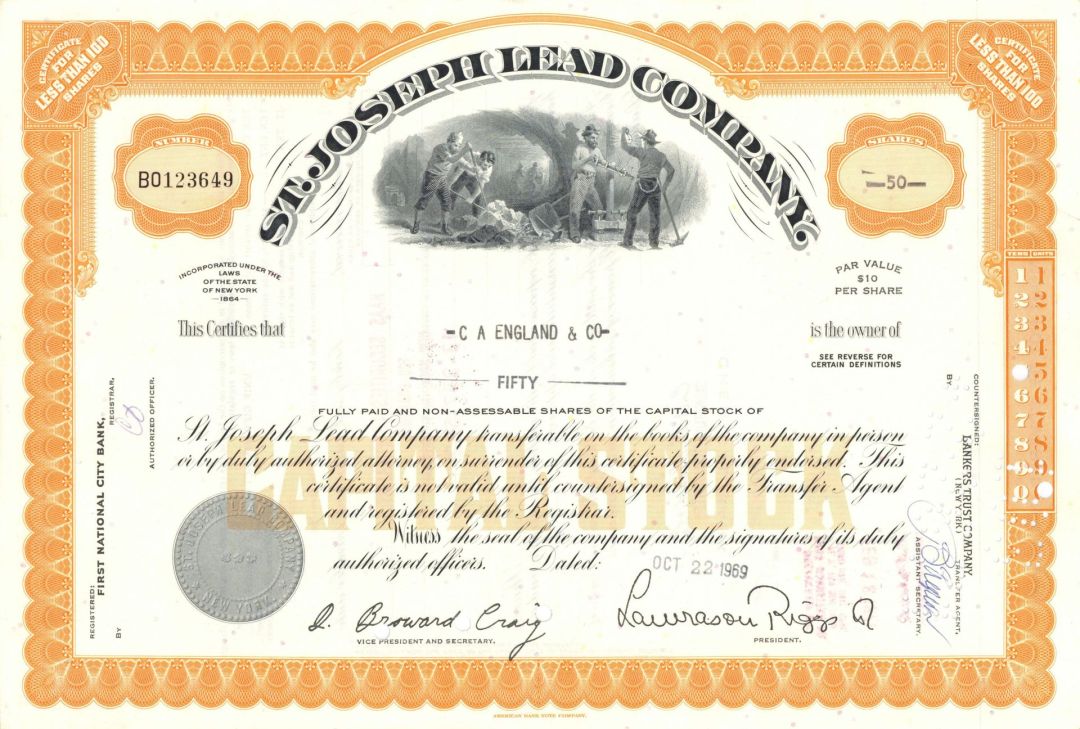St. Joseph Lead Co. - 1960's dated New York Mining Stock Certificate
