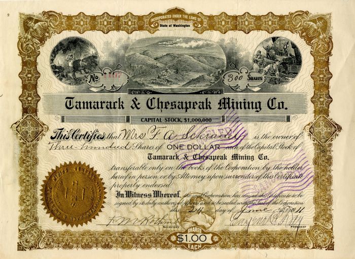 Tamarack and Chesapeak Mining Co. - 1911 dated Idaho Mining Stock Certificate