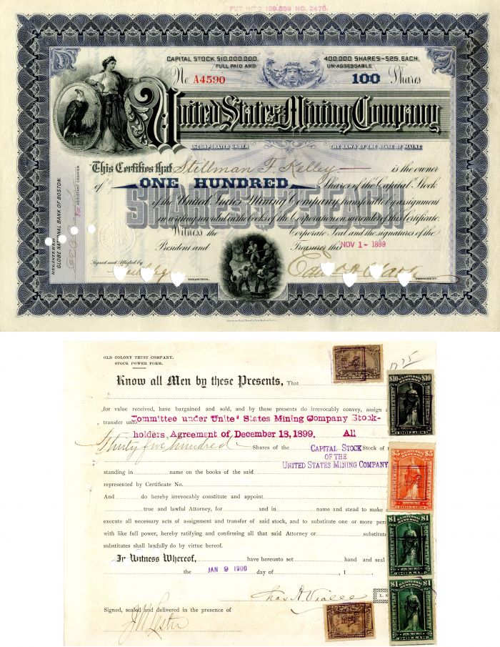 United States Mining Co. - 1899 dated Mining Stock Certificate