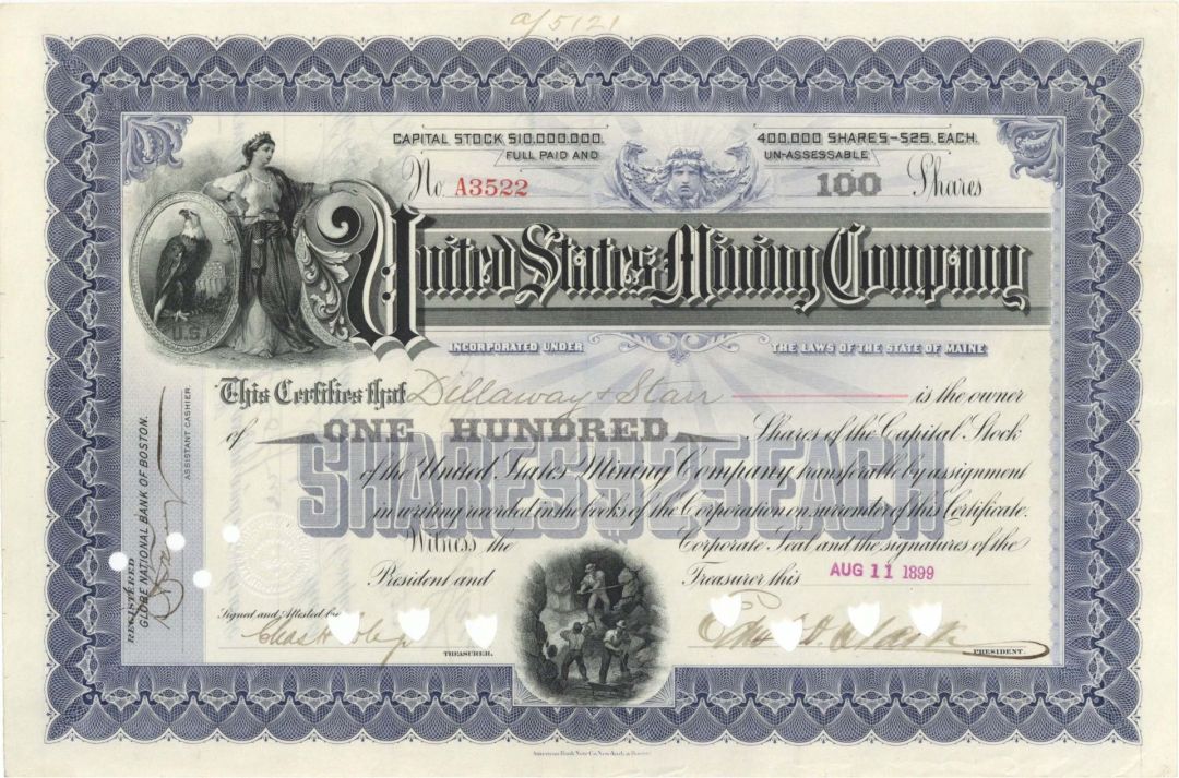 United States Mining Co. - 1899-1910 dated Mining Stock Certificate