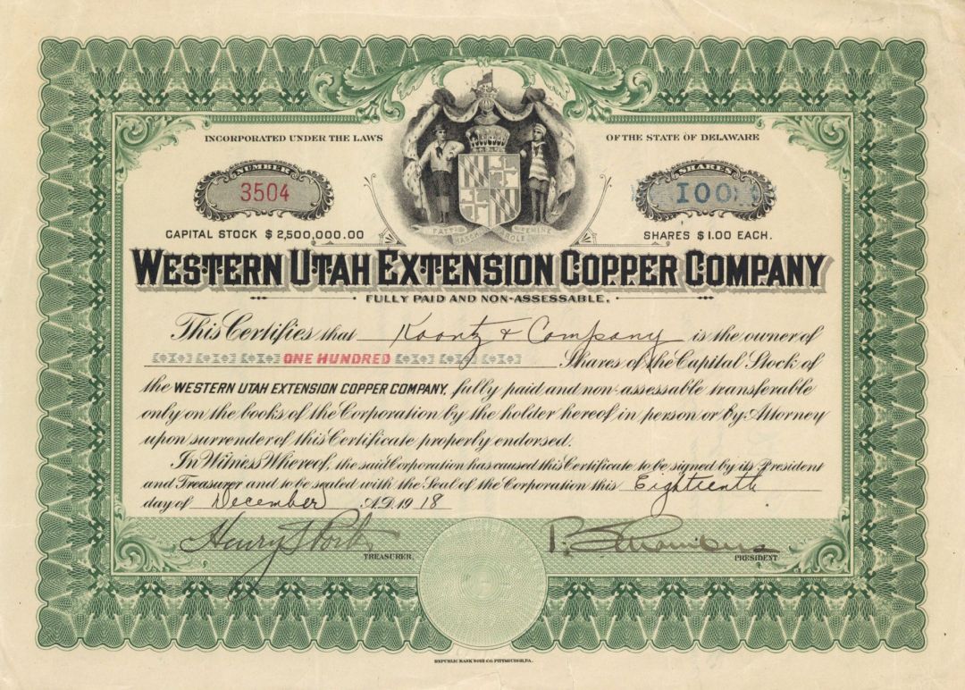 Western Utah Extension Copper Co. - Stock Certificate