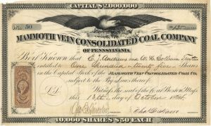 Mammoth Vein Consolidated Coal Co. of Pennsylvania - 1864 dated Stock Certificate