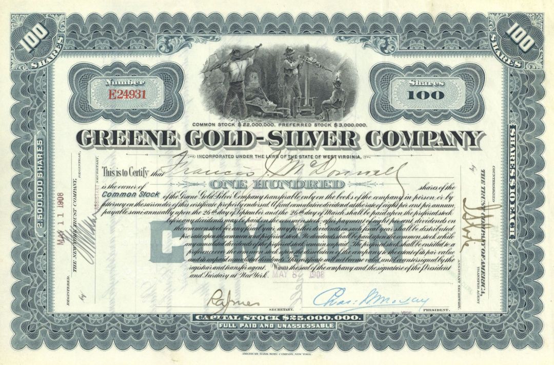 Greene Gold-Silver Co. - 1907-08 dated West Virginia & Mexico Mining Stock Certificate