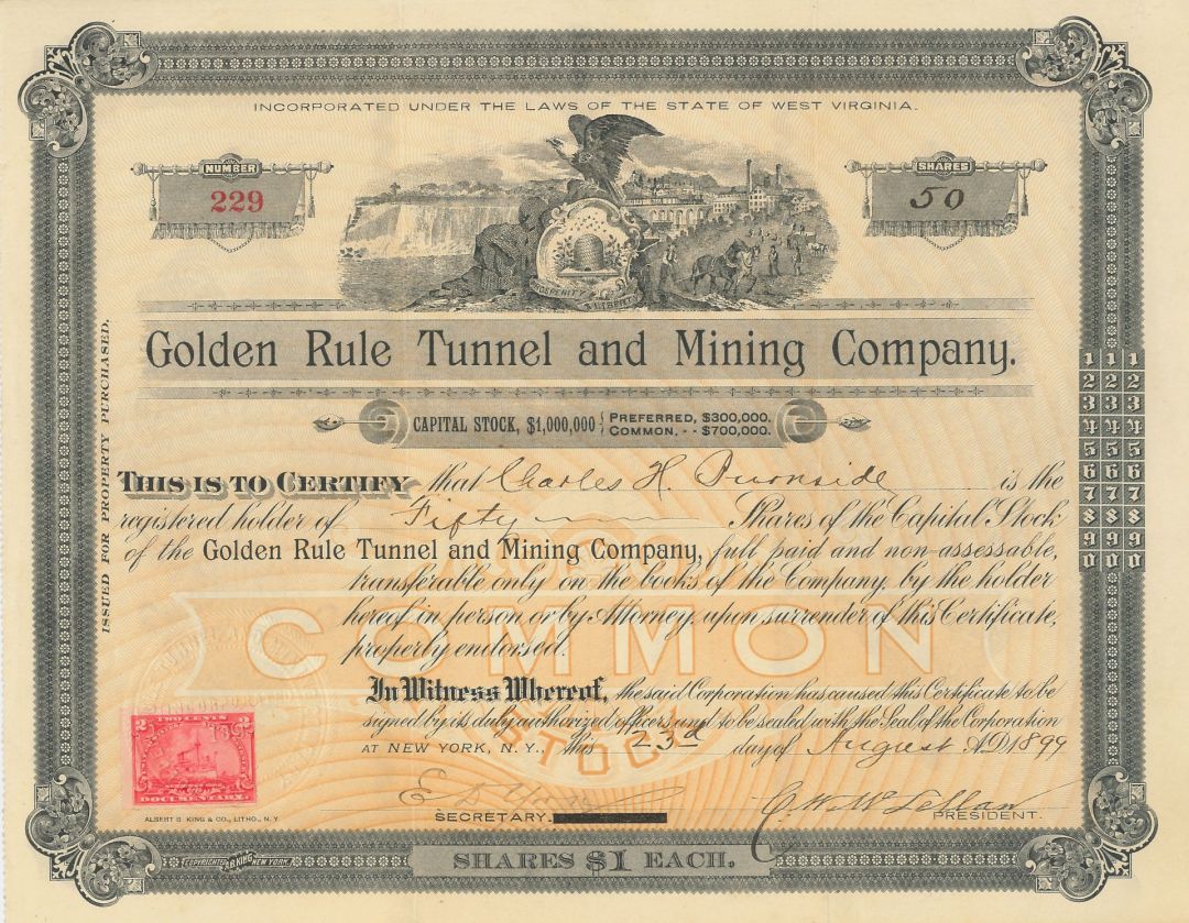 Golden Rule Tunnel and Mining Co. - Stock Certificate