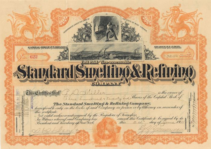 Standard Smelting and Refining Co. - 1901 dated Mining Stock Certificate