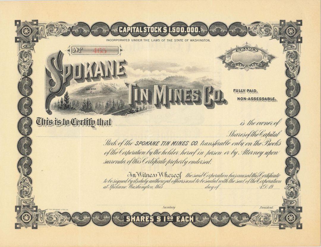 Spokane Tin Mines Co. - Stock Certificate