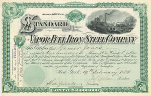 Standard Vapor Fuel Iron and Steel Co. dated 1884 - Stock Certificate