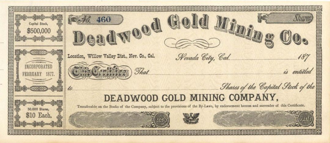 Deadwood Gold Mining Co. - Unissued Stock Certificate