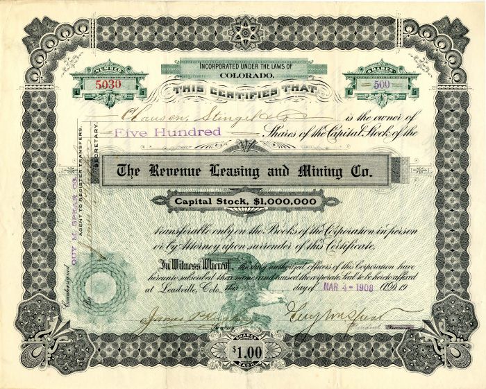 Revenue Leasing and Mining Co. - Stock Certificate