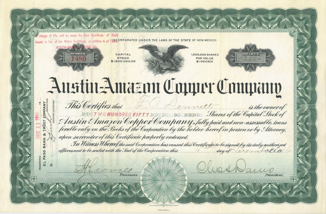 Austin-Amazon Copper Co. - Stock Certificate