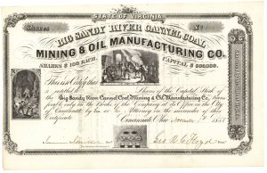 Big Sandy River Cannel Coal Mining and Oil Manufacturing Co. - 1858 dated Mining and Oil Stock Certificate - Ohio and Virginia