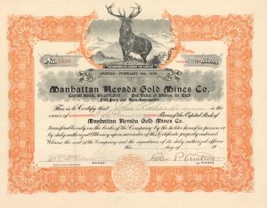 Manhattan Nevada Gold Mines Co. - 1906 or 1908 dated Stock Certificate