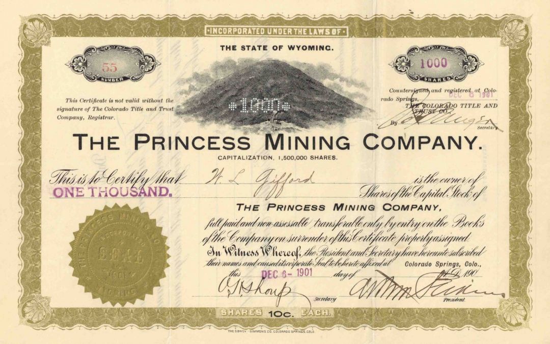 Princess Mining Co. - Colorado Springs, CO Mining Stock Certificate