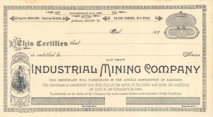 Industrial Mining Co. - Unissued Stock Certificate