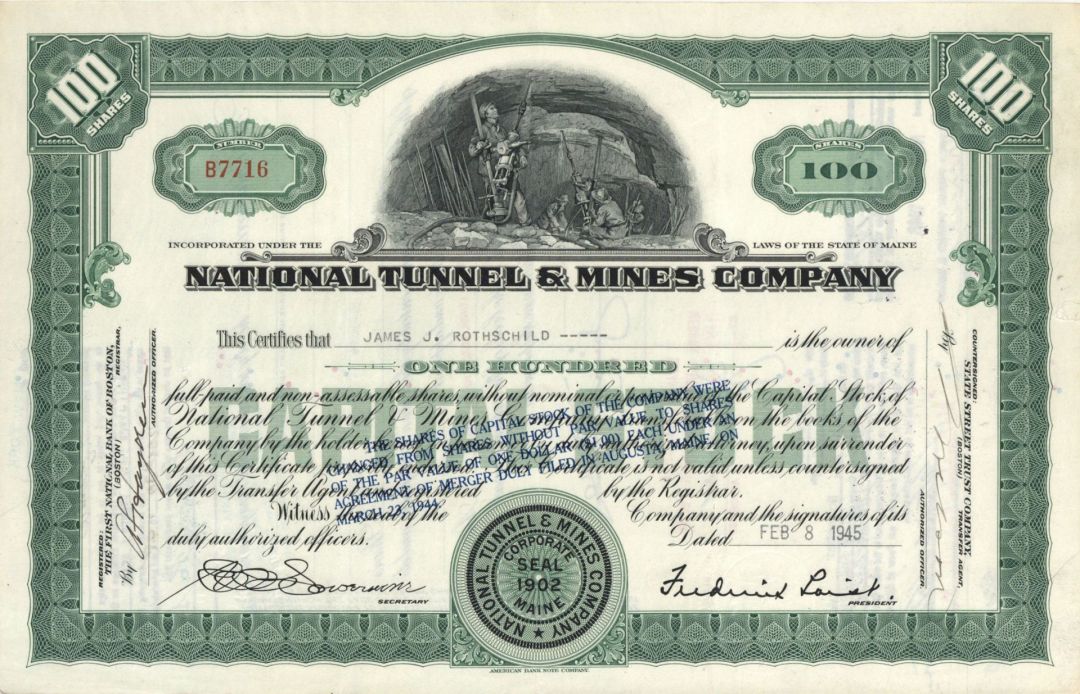 National Tunnel and Mines Co. - 1937-1946 Stock Certificate