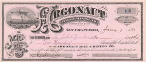 Argonaut Mill and Mining Co. - 1880 dated Stock Certificate