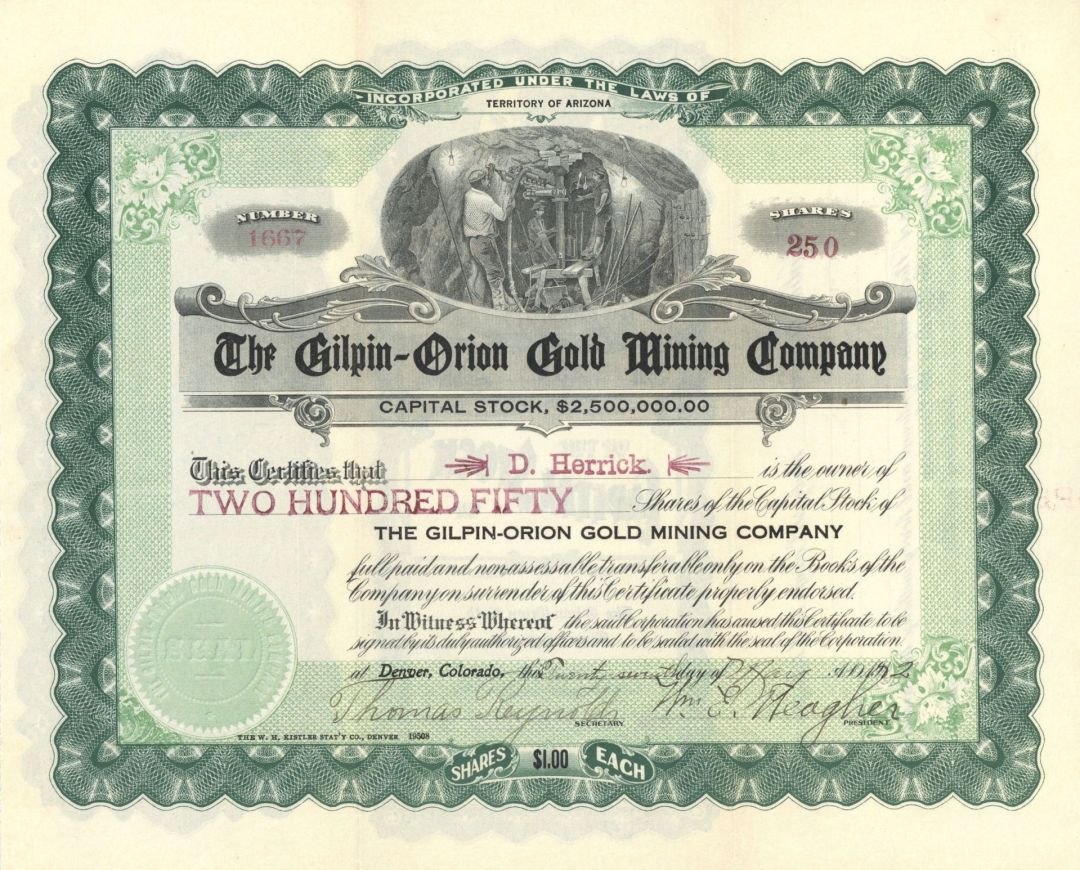Gilpin-Orion Gold Mining Co. - 1912 dated Arizona Mining Stock Certificate