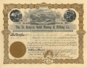 St. Geneva Gold Mining and Milling Co. - 1900's dated Colorado Mining Stock Certificate