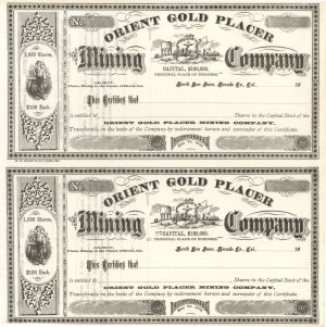 Orient Gold Placer Mining Co. - Uncut Sheet of 2 Unissued Stock Certificates