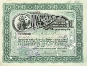 Mohawk Mining Co. - 1912-1929 dated Stock Certificate - Beautiful Indian Vignette