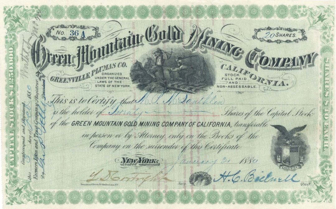 Green Mountain Gold Mining Co. - 1880's dated Stock Certificate