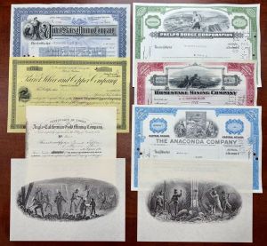 Collection of 6 Mining Stock Certificates and 2 Mining Prints - Dated from 1850's-1970's - Collection of Mining Stocks and Prints