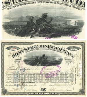 Homestake Mining Co. - 1879 dated Dakota Territory Mining Stock Certificate - Whitewood Milling District, Lawrence County, Dakota Territory