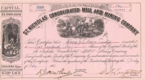 St. Nicholas Consolidated Mill and Mining Co. - 1880 or 1881 dated Stock Certificate