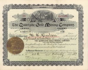 Quartzite Gold Mining Co. - 1897 dated Stock Certificate