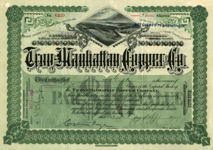 Troy-Manhattan Copper Co.  - Stock Certificate