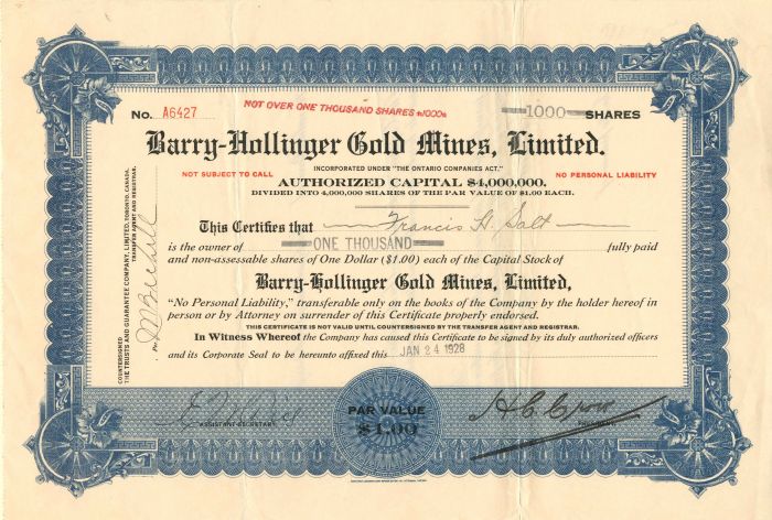 Barry-Hollinger Gold Mines, Limited - Stock Certificate