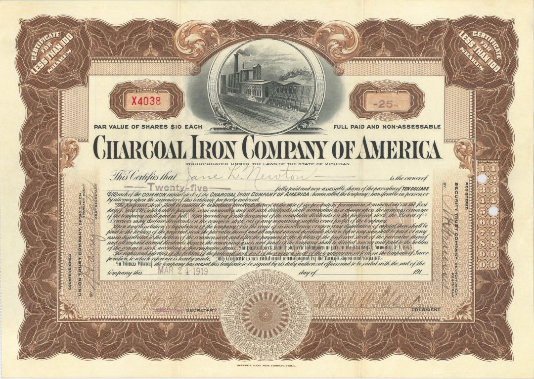 Charcoal Iron Co. of America - Stock Certificate