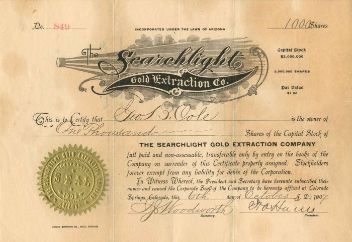 Searchlight Gold Extraction Co. - Stock Certificate