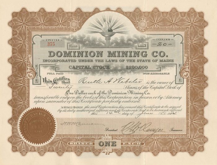 Dominion Mining Co. - Stock Certificate