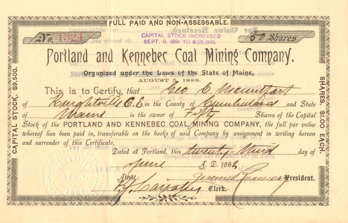 Portland and Kennebec Coal Mining Co. - Stock Certificate